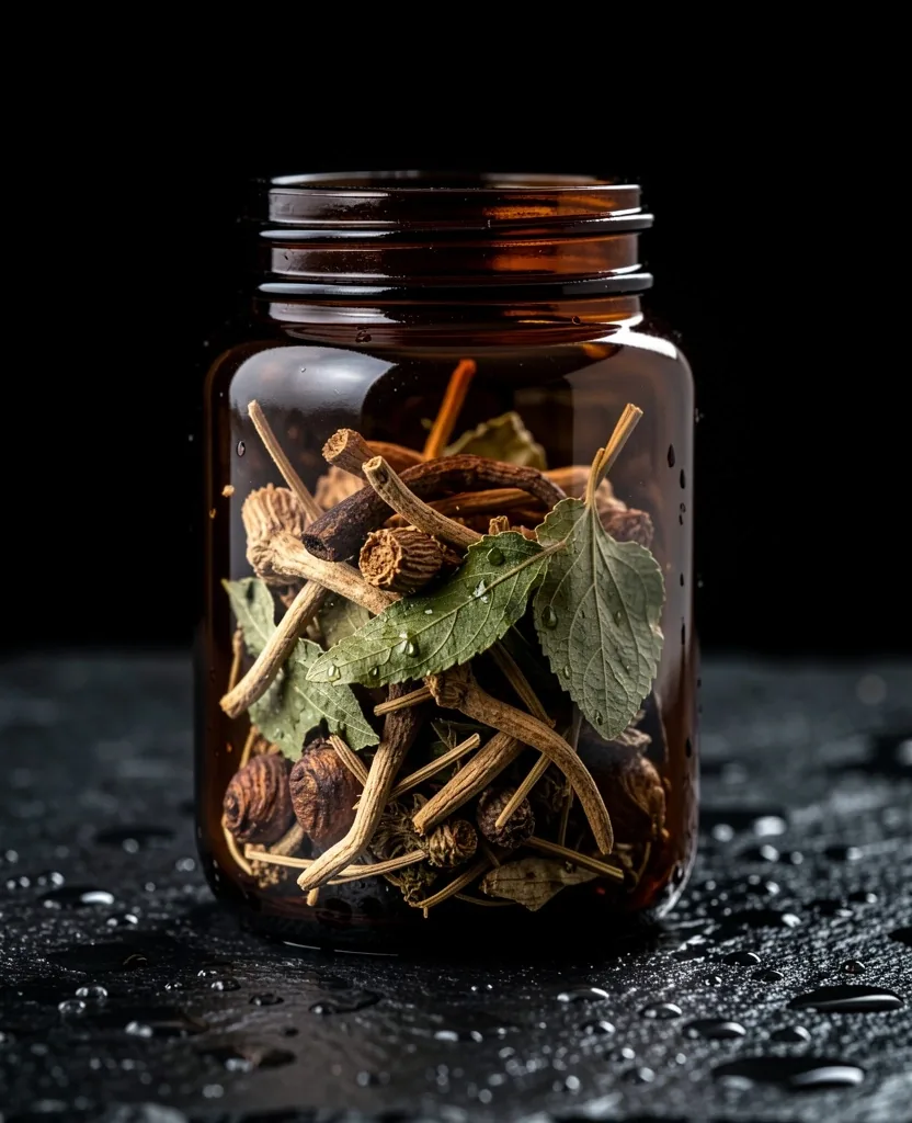 A dark glass jar with dried botanical herbs on a wet stone surface