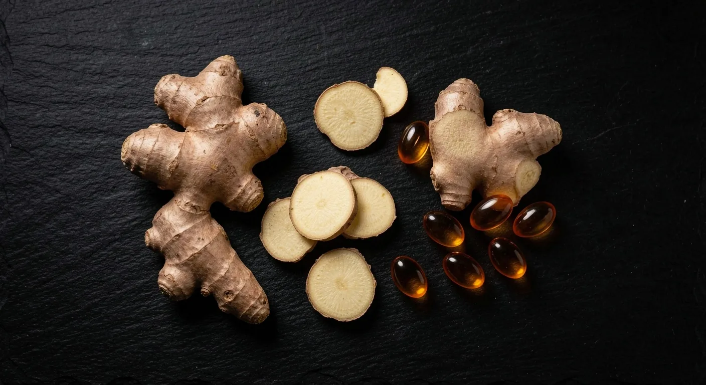 Botanical ingredients and natural supplement capsules on a dark surface