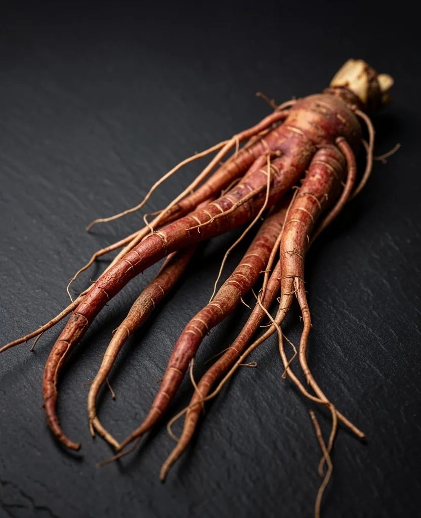 Panax Ginseng roots on a dark surface