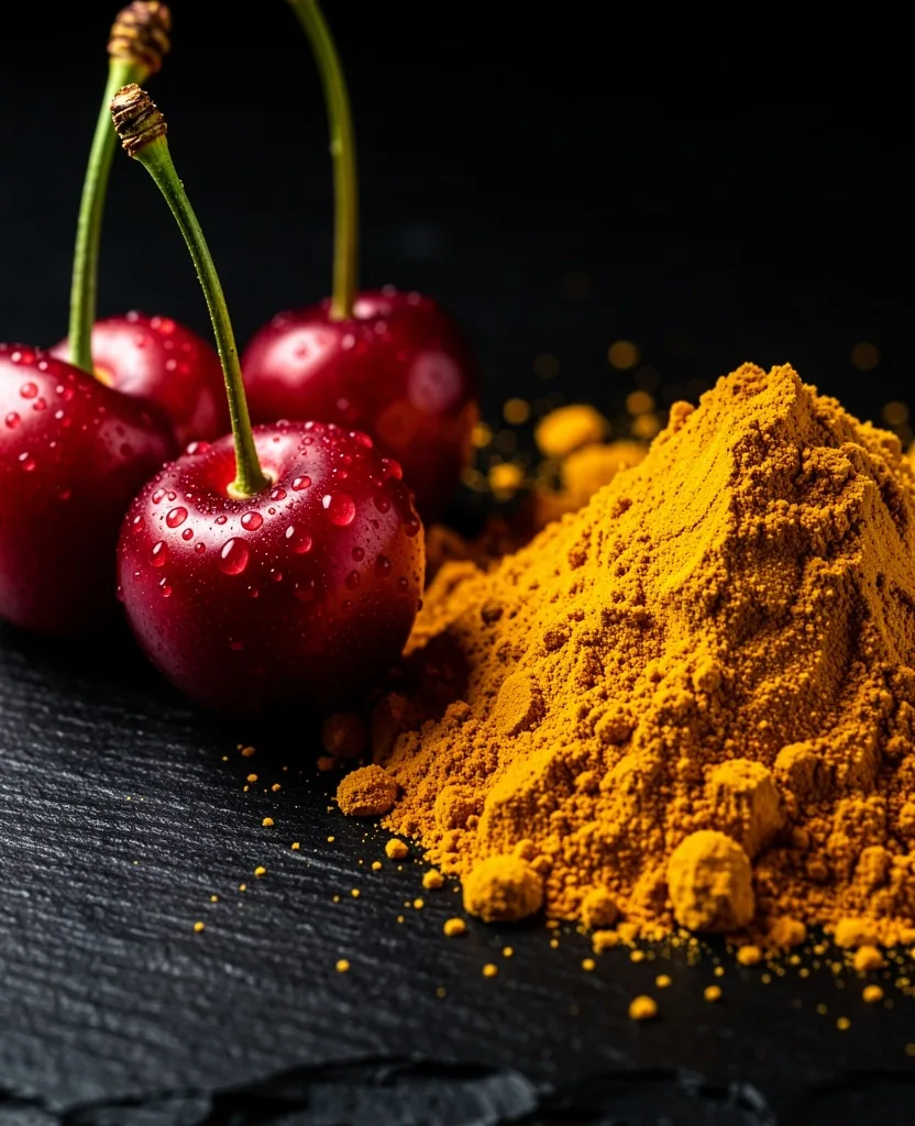 Tart cherries and turmeric powder on a dark stone surface