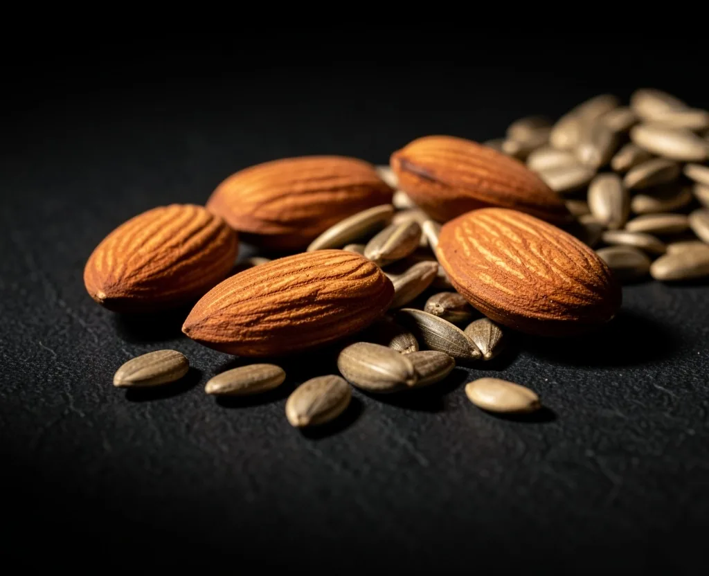 Natural vitamin E sources on a dark surface