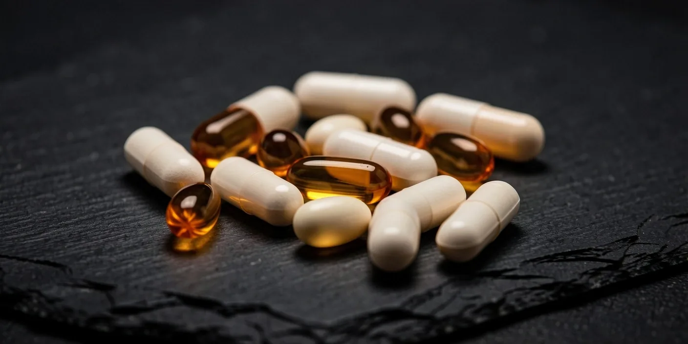 Natural supplement capsules arranged on a dark surface
