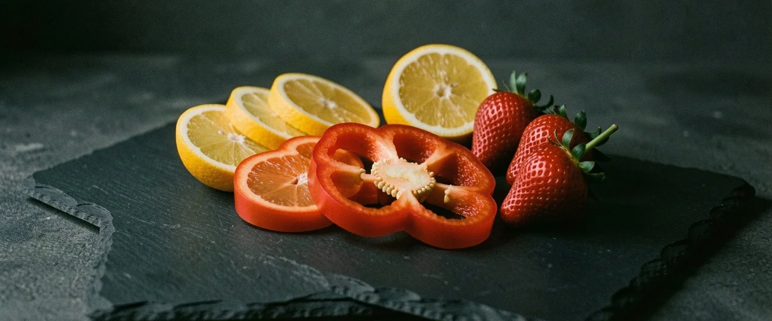 Vitamin C rich foods on a dark plate