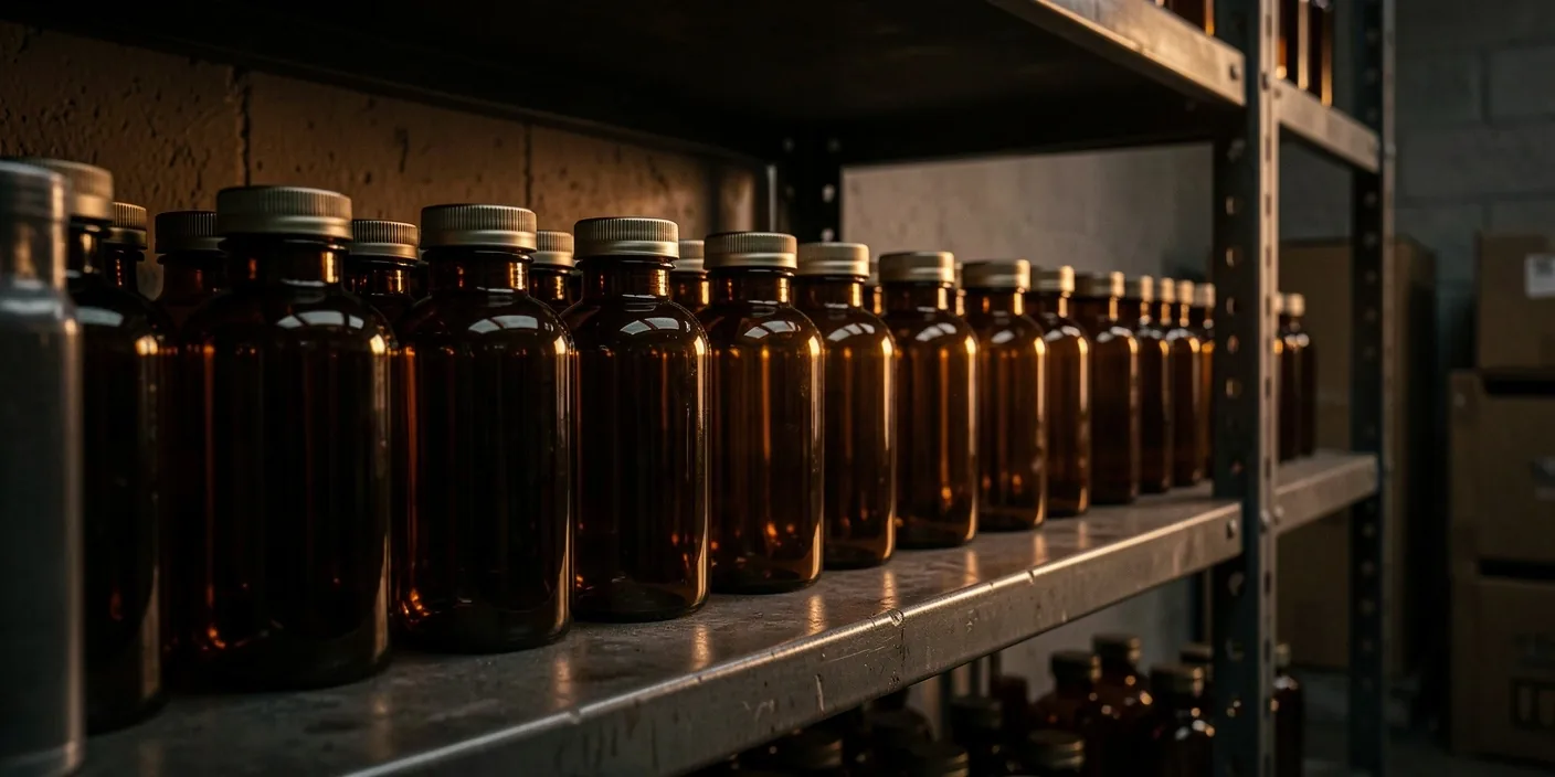 Amber supplement bottles on a dark shelf