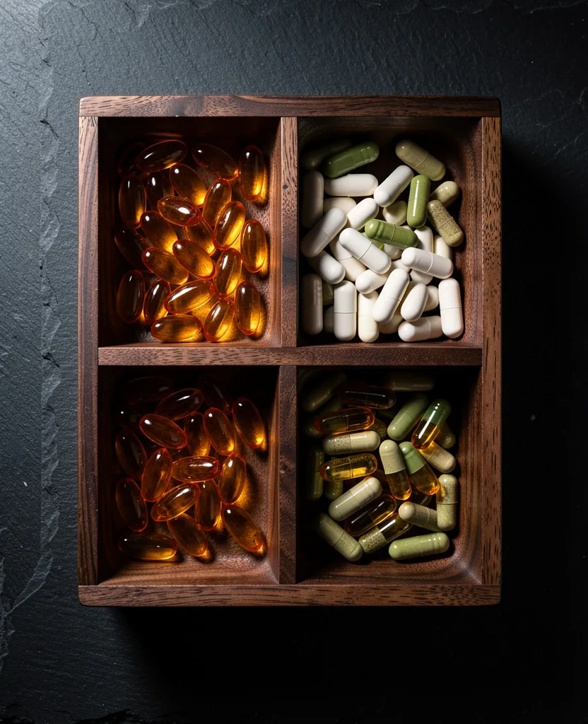 Daily supplement routine in a wooden tray