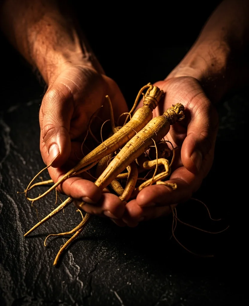 Dried ginseng root held in hands