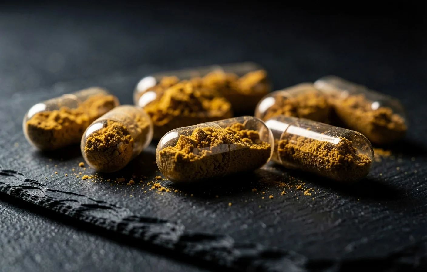 Natural botanical supplement capsules on a dark surface