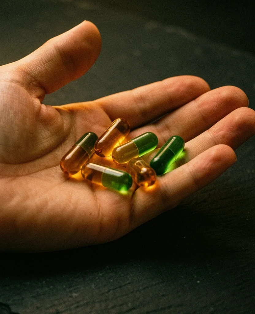 Hand holding natural supplement capsules over a dark surface