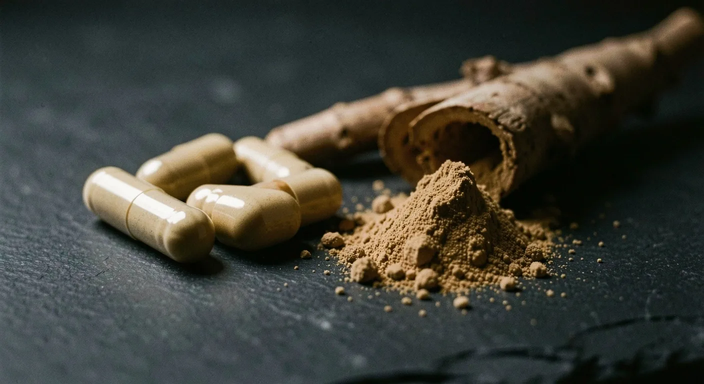 Natural supplement capsules and botanical ingredients on a dark surface