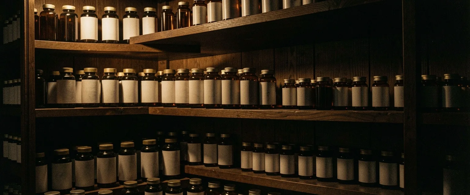 Supplement storage on dark shelving