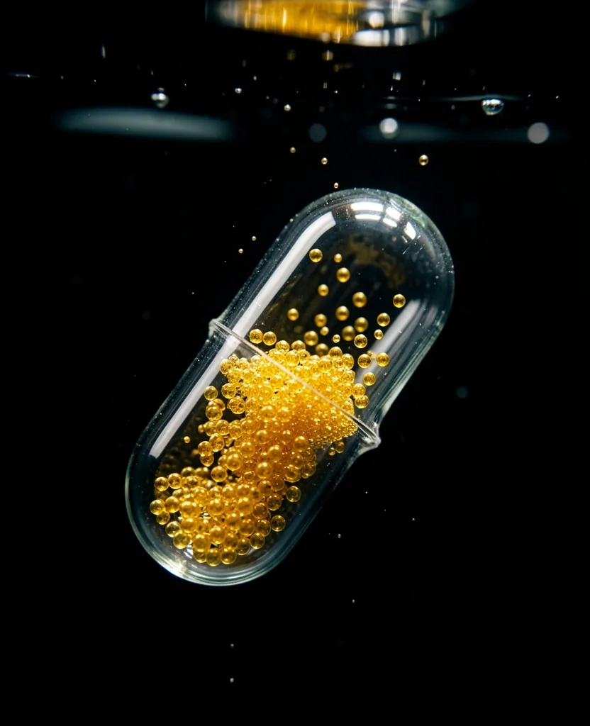 Capsule dissolving in water showing liposomal delivery