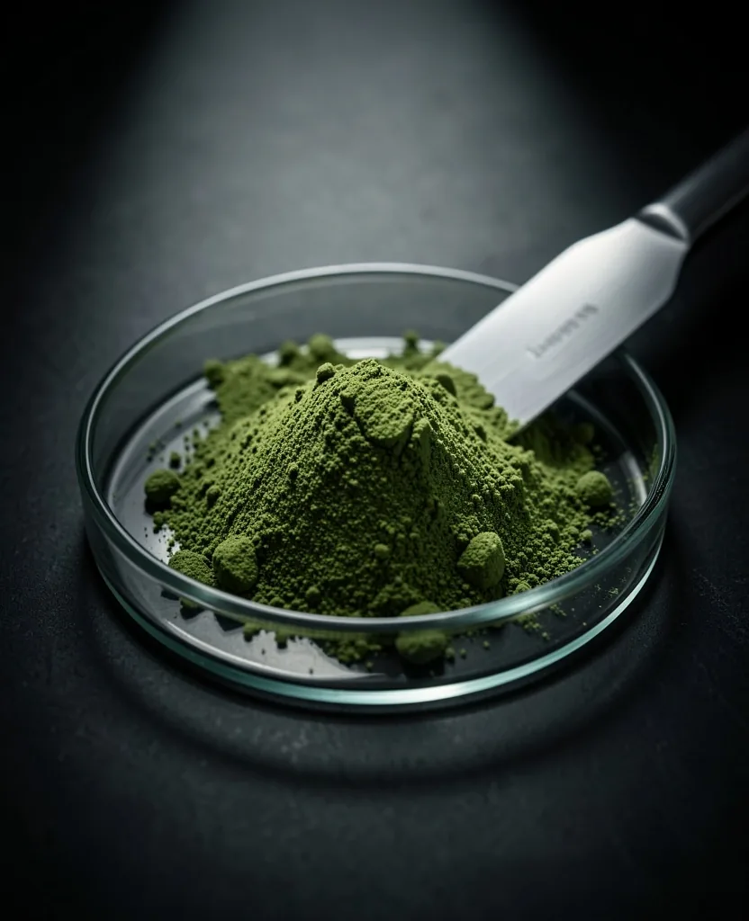 Herbal extract powder measured in dark glassware