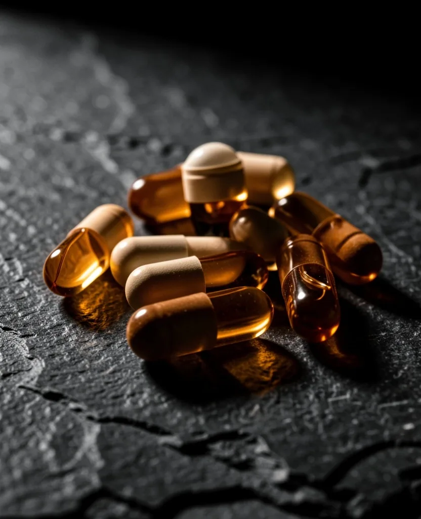 Natural supplement capsules on dark surface